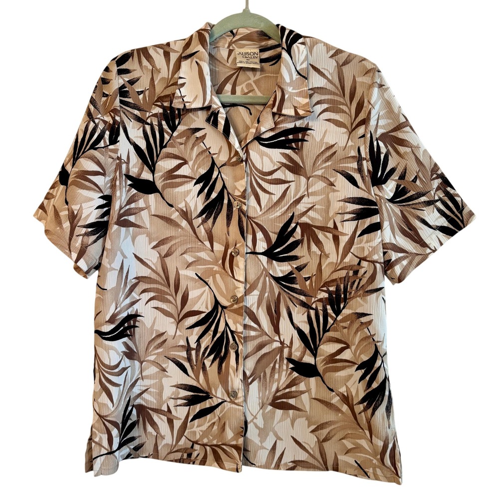 Allison Daley Vintage Blouse Womens Small Brown Tan Bamboo Leaves Tropical Print
